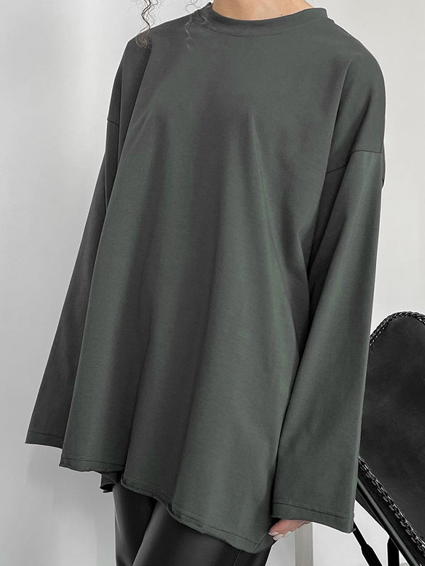 Long Sleeves Loose Solid Color Round-Neck T-Shirts Tops