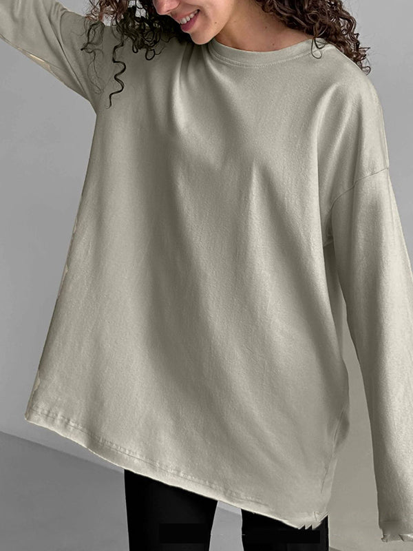 Long Sleeves Loose Solid Color Round-Neck T-Shirts Tops