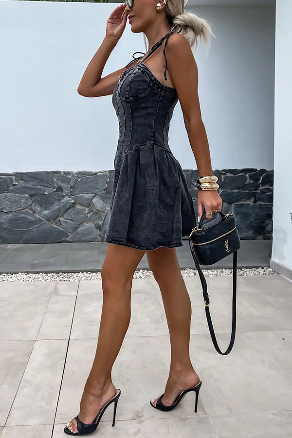 Sweet and Unique Washed Denim Center Front Zipper Stretch Mini Dress