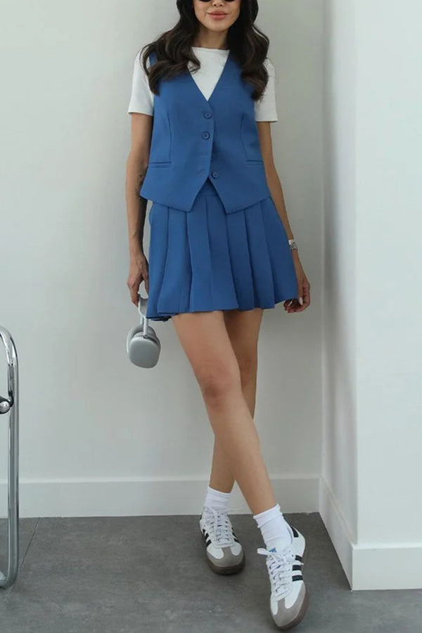 Solid Color Sleeveless Buttoned Vest and High-waisted Pleated Mini Skirt Set