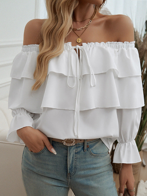 Long Sleeves Loose Layered Pleated Solid Color Split-Joint Tied Off-The-Shoulder Blouses&Shirts Tops