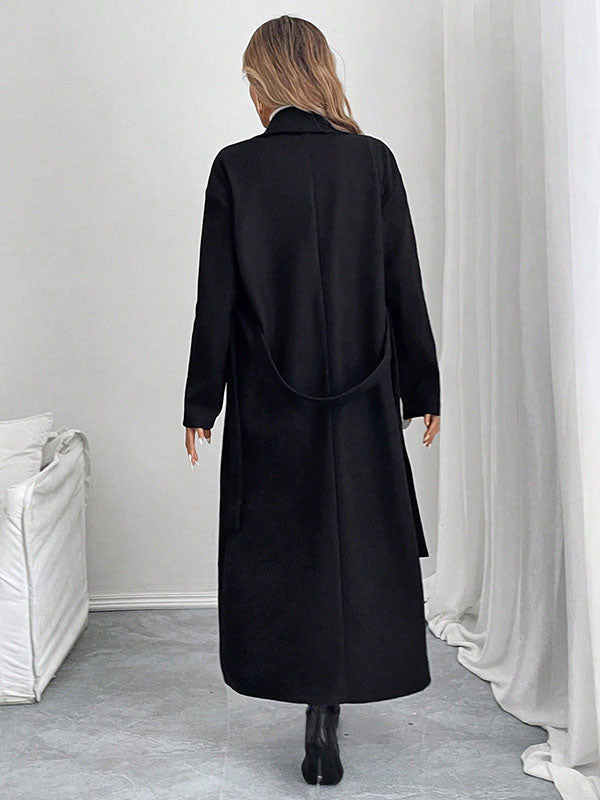 Long Sleeves Loose Buttoned Pockets Solid Color Tied Waist Notched Collar Woolen Coat