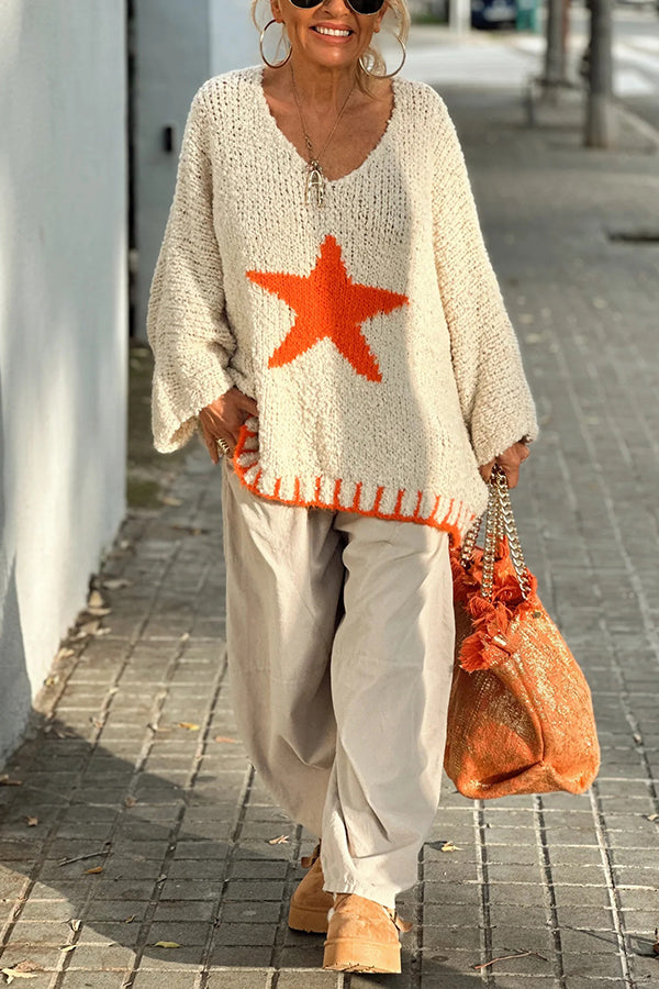 Warm Winter Day Texture Knit Star Pattern Contrast Color Loose Sweater