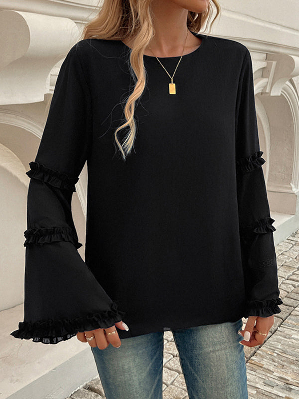 Flared Sleeves Long Sleeves Solid Color Split-Joint Round-Neck T-Shirts Tops