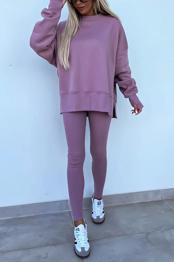 Solid Color Loose Long Sleeve SlitSweatshirt and Elastic Waist Tight Pants Set