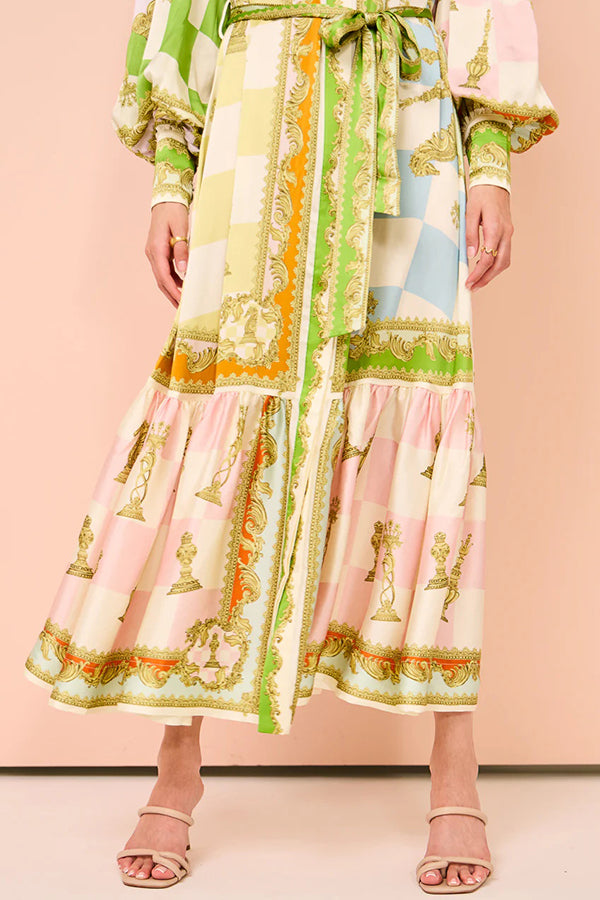 Garden Party Satin Unique Print Balloon Sleeve Belted Shirt Maxi Dress