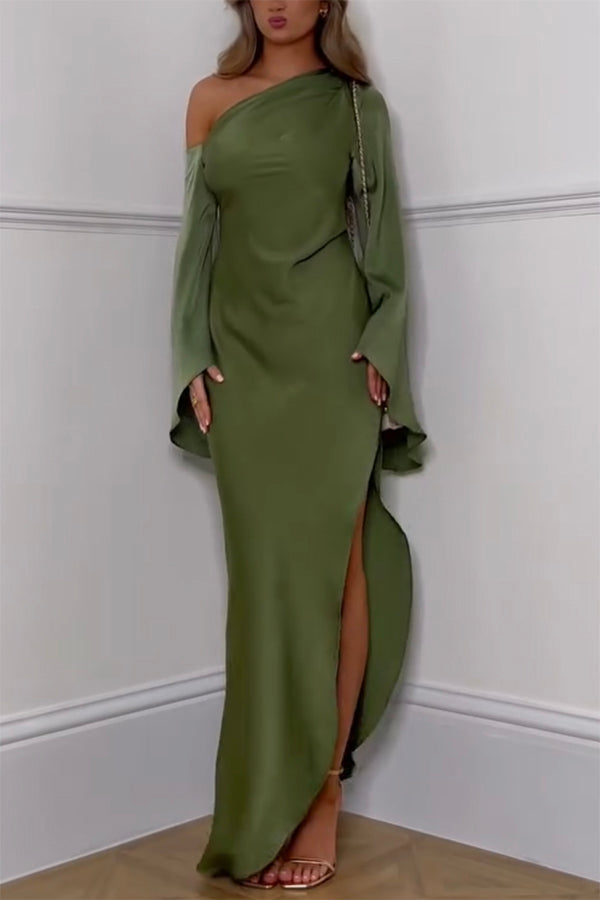 Zayla Satin Asymmetrical One Shoulder Bell Sleeve Slit Maxi Dress