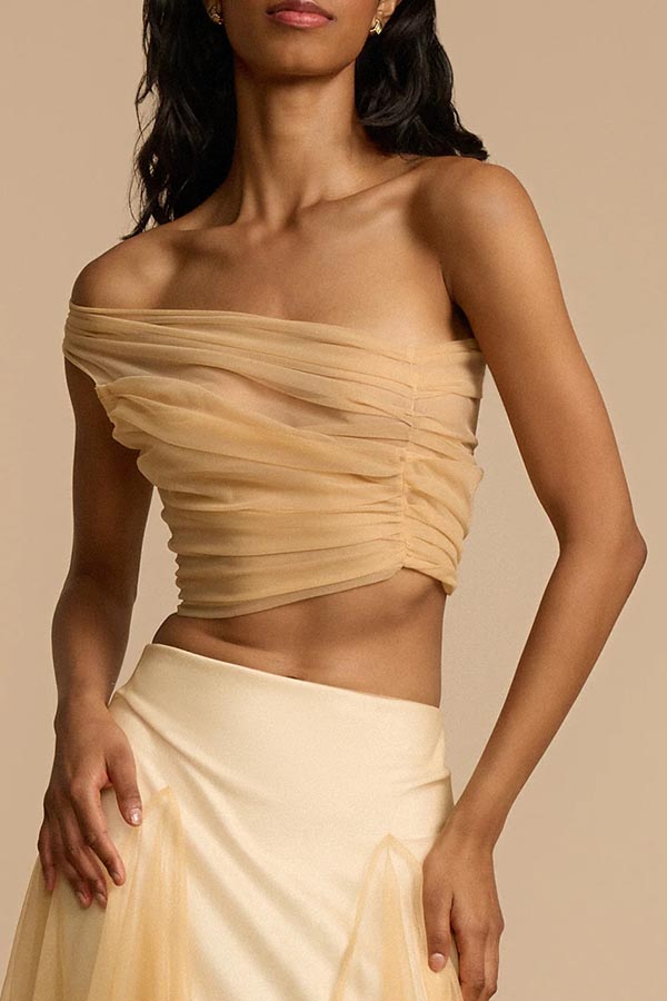 Romance Factor Semi-sheer Tulle One Shoulder Ruched Crop Blouse