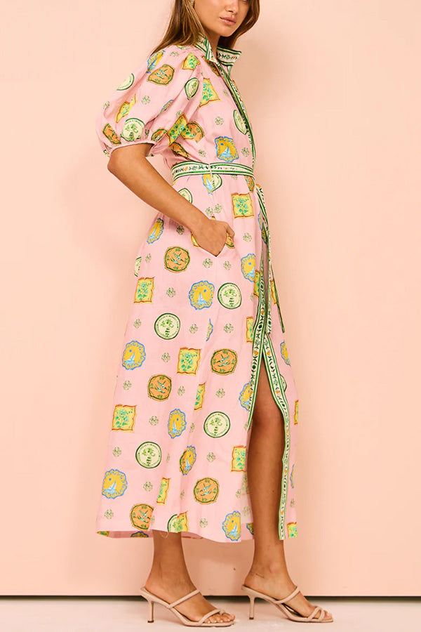 Orla Unique Print Balloon Sleeves Printed Belt Pocket Midi Dress