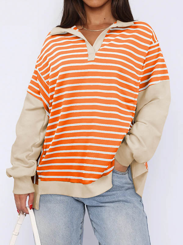 Long Sleeves Loose Contrast Color Split-Joint Striped V-Neck Sweatshirt Tops