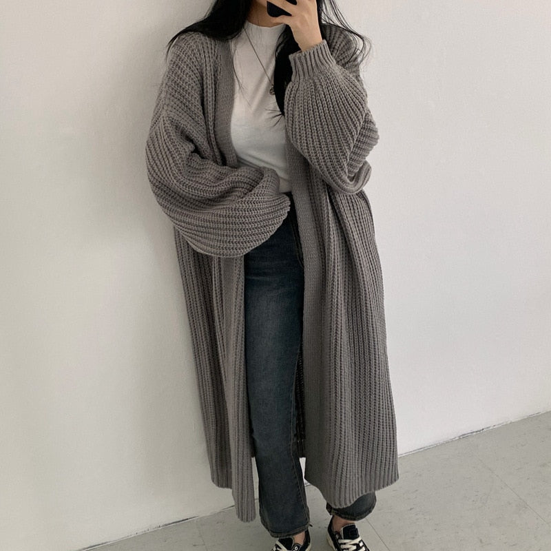 Cardigan Women Long Knitted Casual Vintage Loose Sweater Coat Solid Oversized Sweater Korean Fashion Female Cardigans