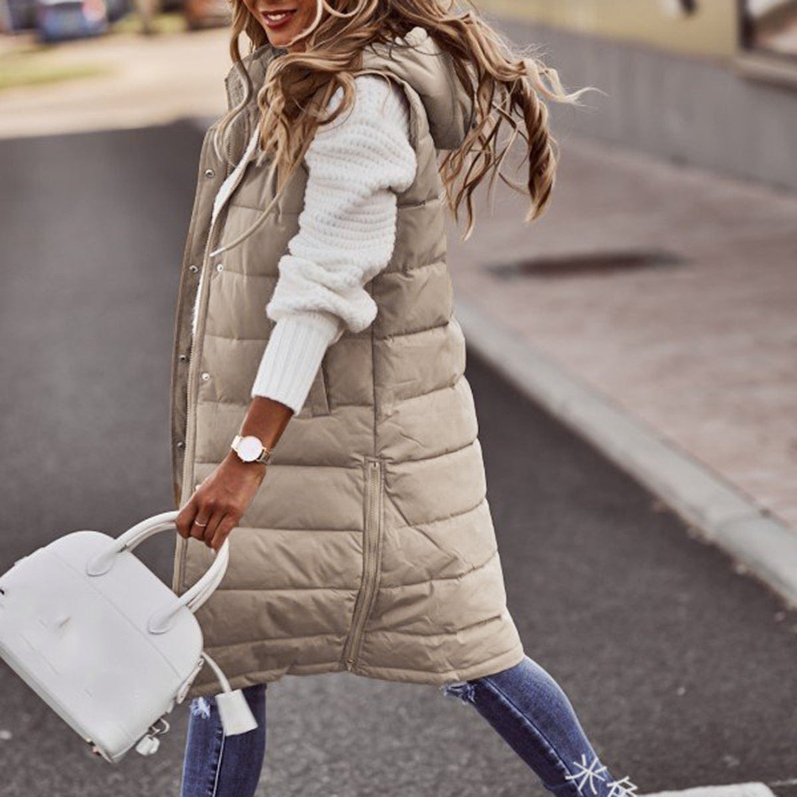 Nukty Women's Long Winter Coat Vest With Hood Sleeveless Warm Down Coat With Pockets Quilted Vest Down Jacket Quilted Outdoor Jacket