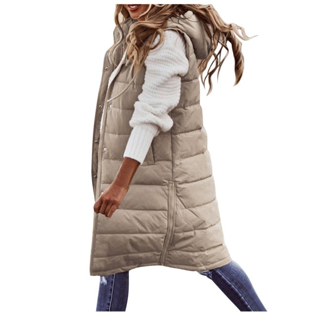 Nukty Women's Long Winter Coat Vest With Hood Sleeveless Warm Down Coat With Pockets Quilted Vest Down Jacket Quilted Outdoor Jacket