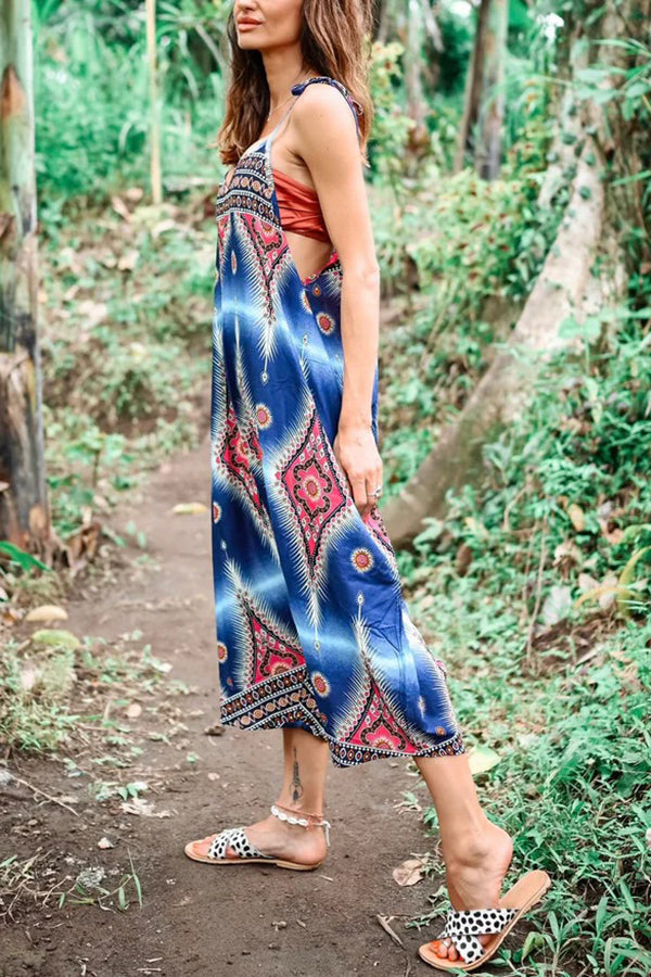 Free Spirit Boho Ethnic Print Loose Dungaree Jumpsuit