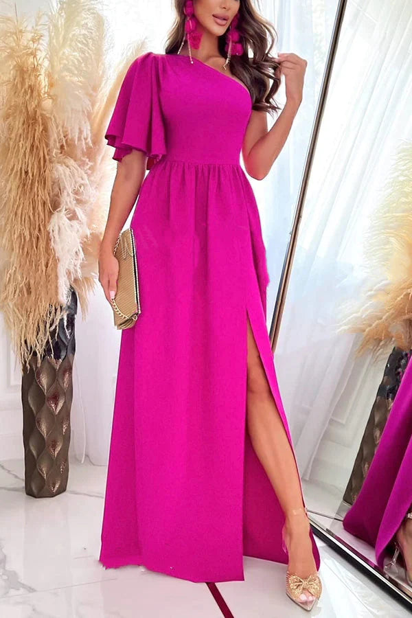 A Point In Time One Shoulder Ruffle Slit Maxi Dress