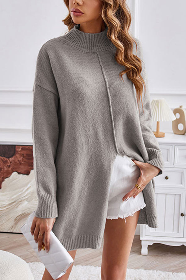 Solid color half turtleneck pullover sweater fashionable mid-length slit dress