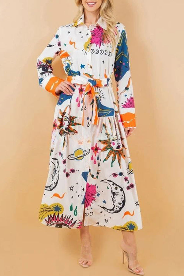 All The Attention Unique Print Long Sleeve Button Belted Shirt Midi Dress