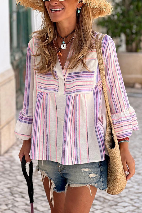 Fashion striped v-neck cropped puff sleeve stitching shirt