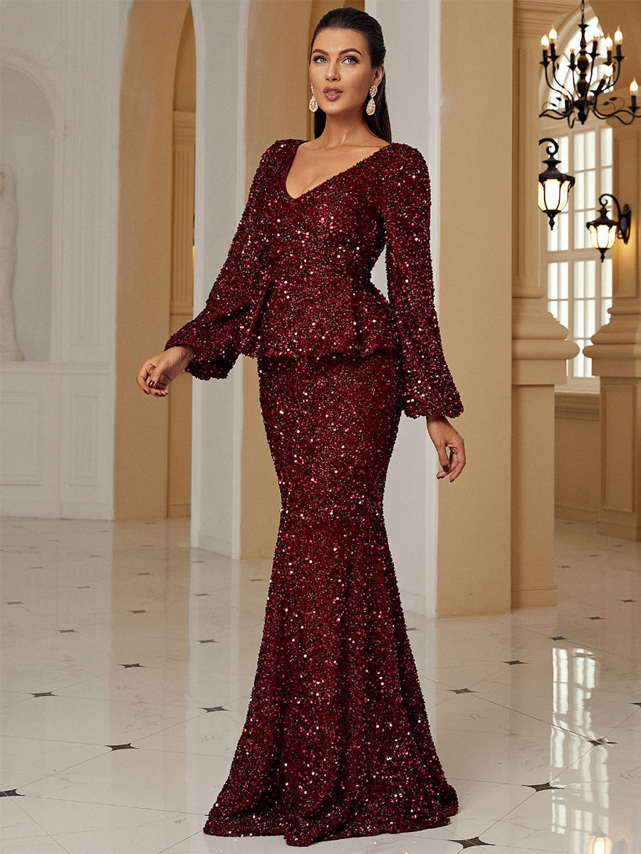 Long Sleeves V-Neck Ruffled Sequin Burgundy Evening Dress XJ1639