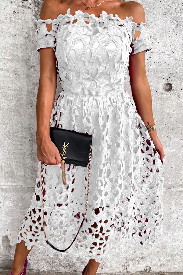 Dream Date Off Shoulder Crochet Lace Midi Dress