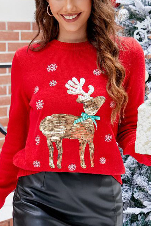 Cute Christmas knitted sweater with deer embroidery