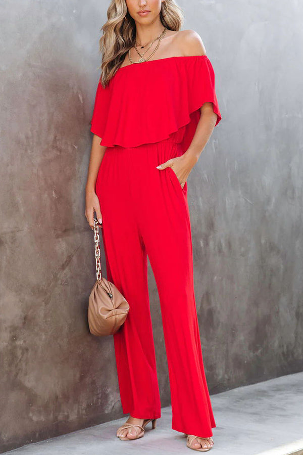 Esme Off The Shoulder Pocketed Elastic Waist Jumpsuit