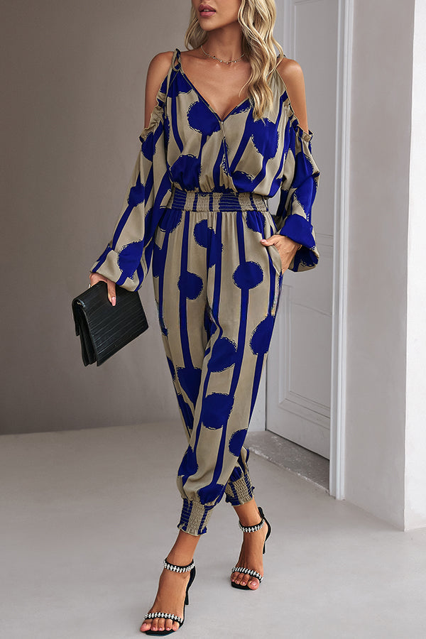 Graphic Print Stretch Waist Tie Long Sleeve Jumpsuit