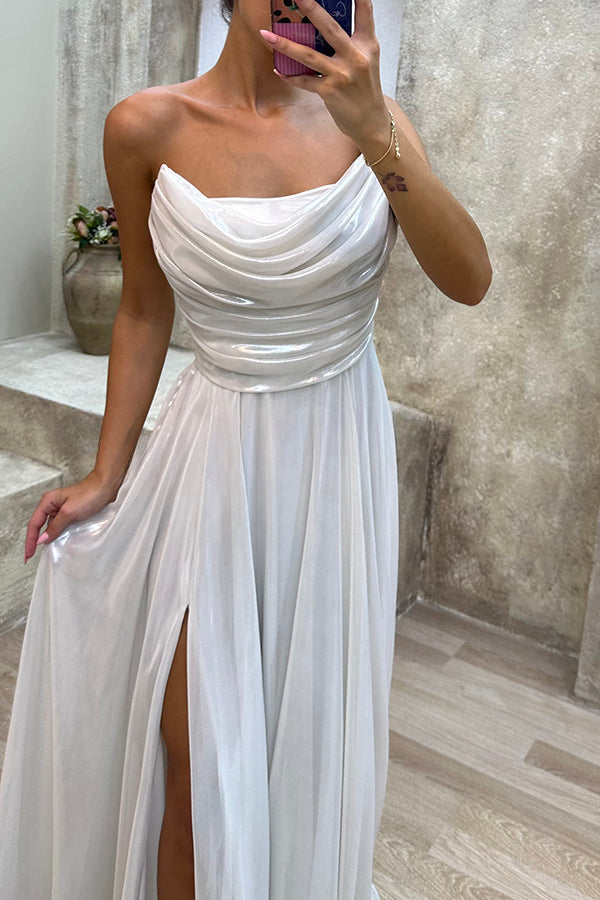 Golden Years Satin Cowl Neck Off Shoulder Pleated Drape Slit Maxi Dress