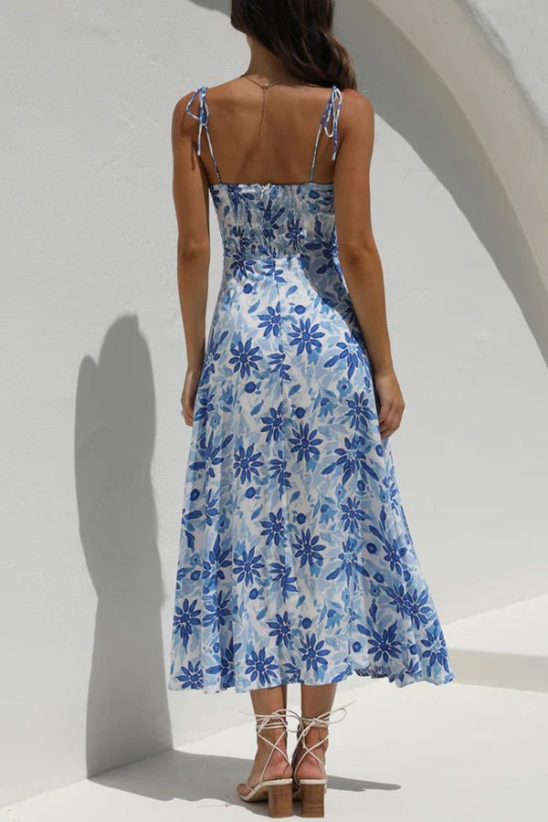 Like A Melody Printed Smocked Back Slit Midi Dress