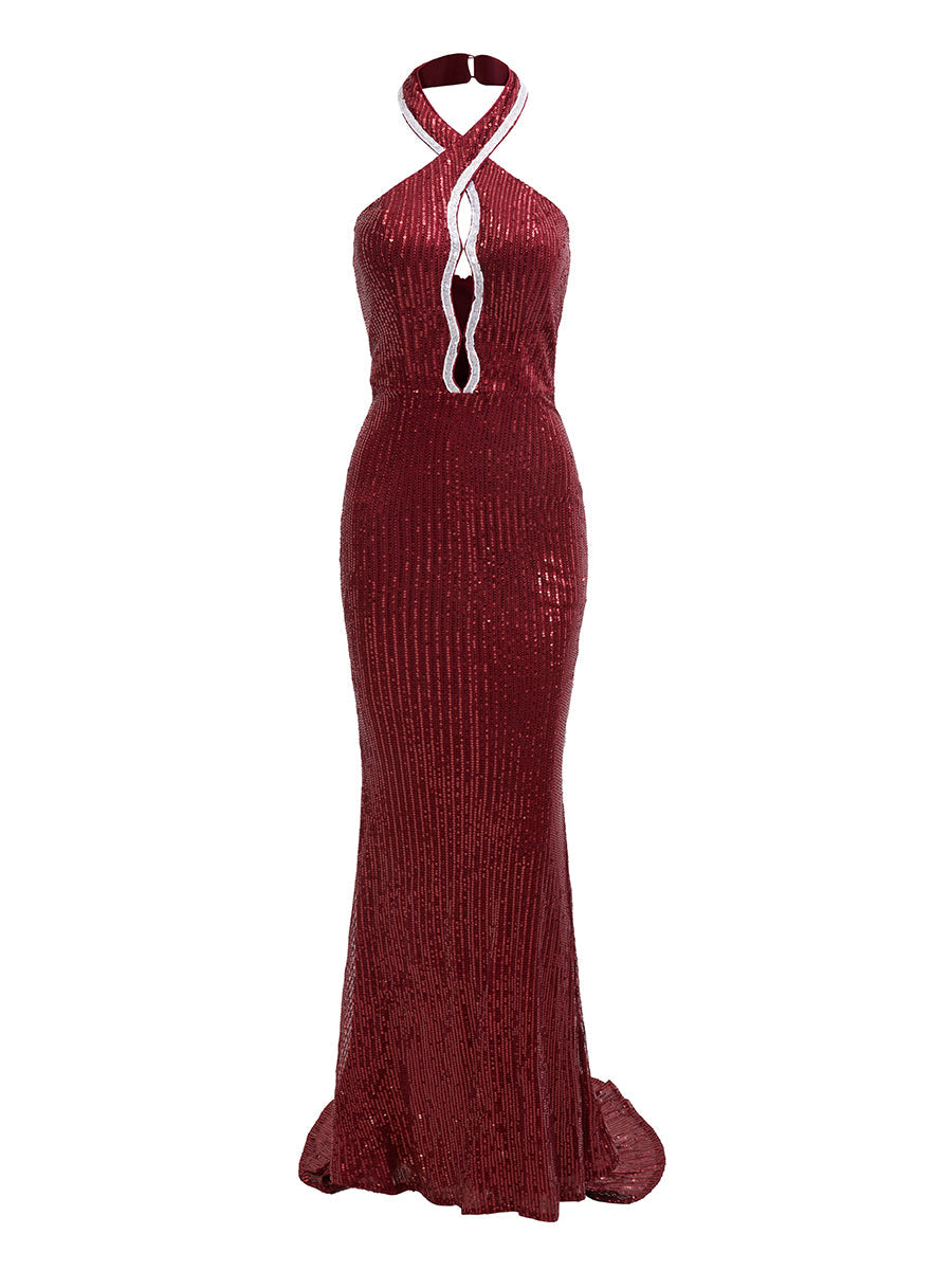 Formal Halter Neck Cutout Burgundy Sequin Mermaid Dress RJ10379