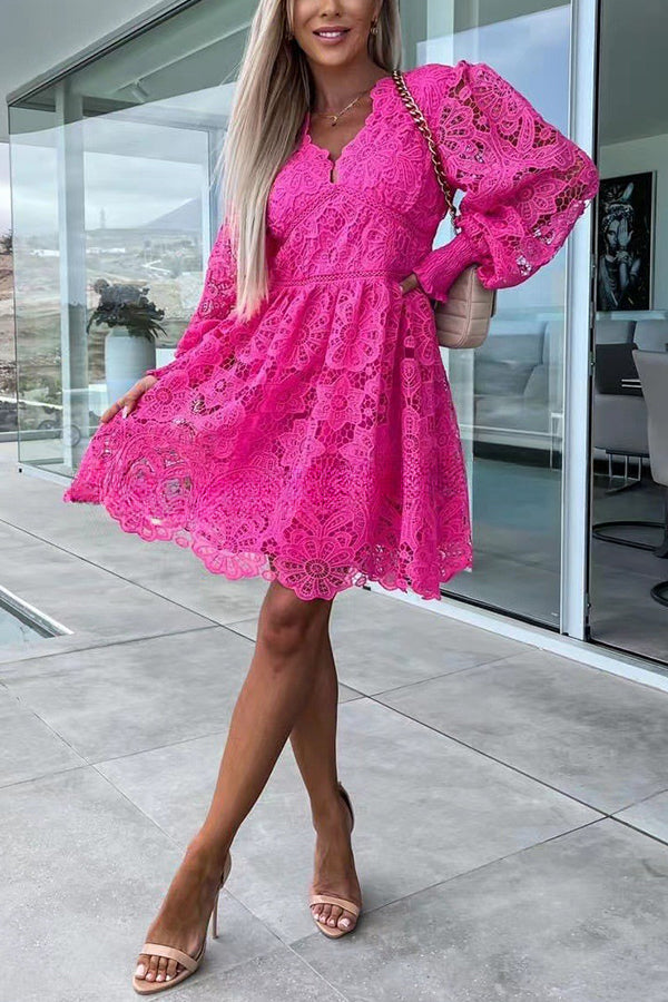 Luxe Debut Floral Crochet Lace Lantern Sleeve Mini Dress