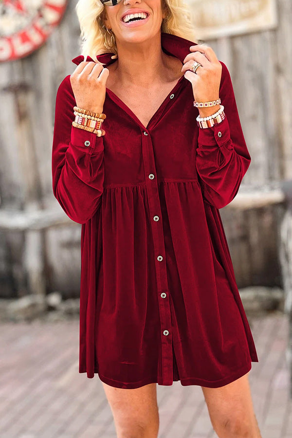 Long Sleeve Ruffle Velvet Button Up Shirt Dress