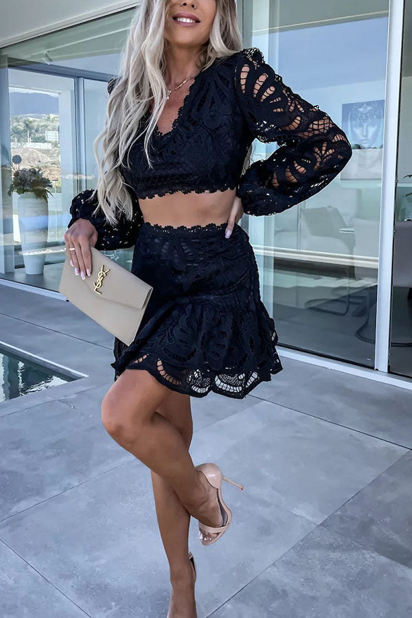 Remember My Smile Crochet Lace Crop Top Skirt Suits