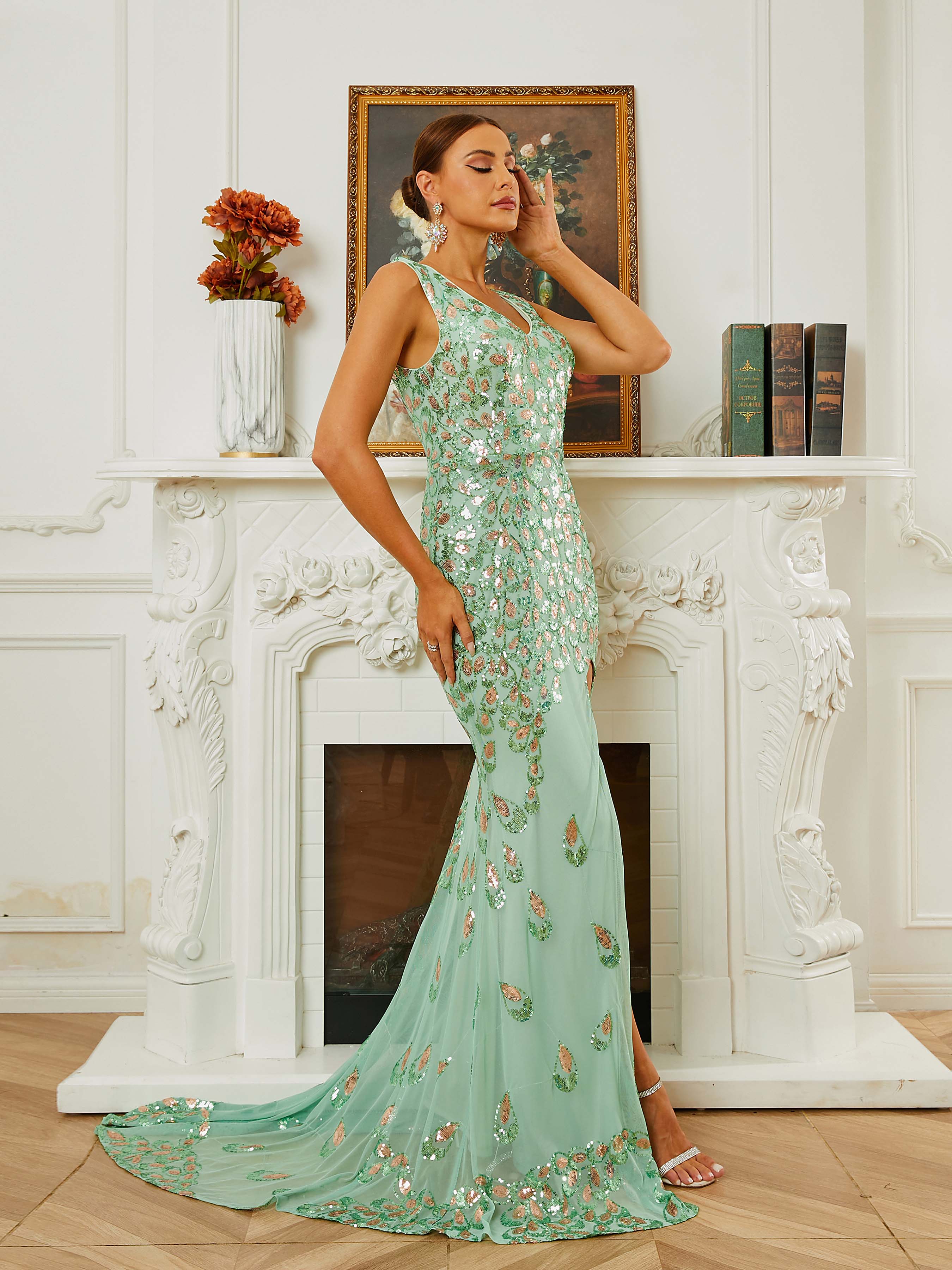 Formal High Slit Sequin Green Prom Dress RM20452