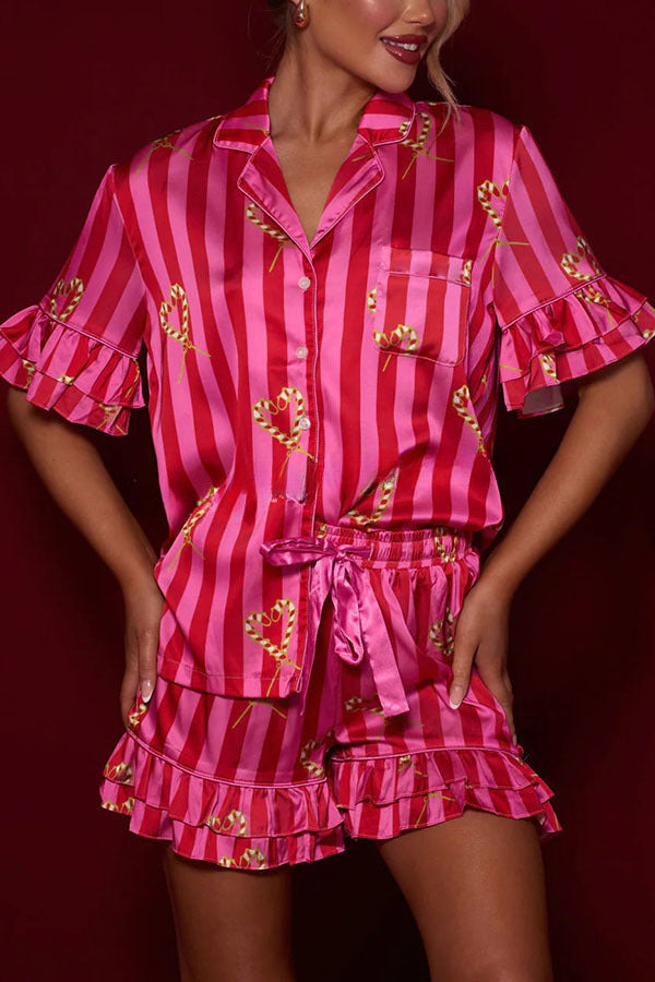 Girls Night Long Candy Stripe Tiered Bell Cuffs Elastic Waist Pocket Pajama Shorts Set