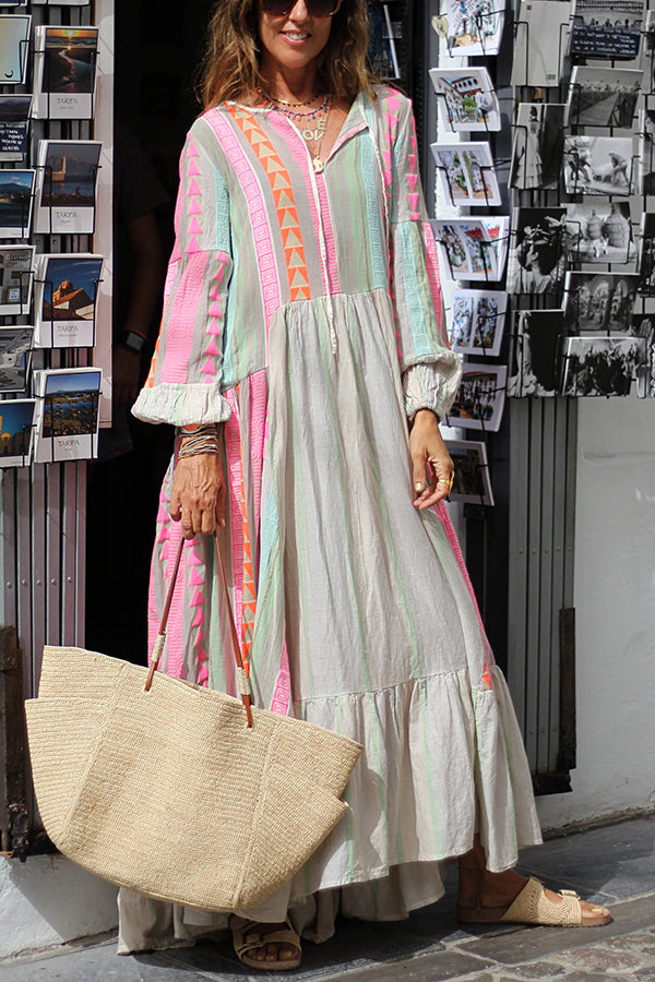 SUPERB VIEWS ETHNIC PRINT LONG SLEEVE A-LINE SWING MAXI DRESS