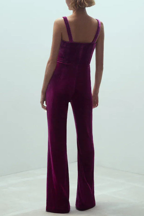 Wine Tasting Velvet Rose Design Wide Straps Flared Jumpsuit