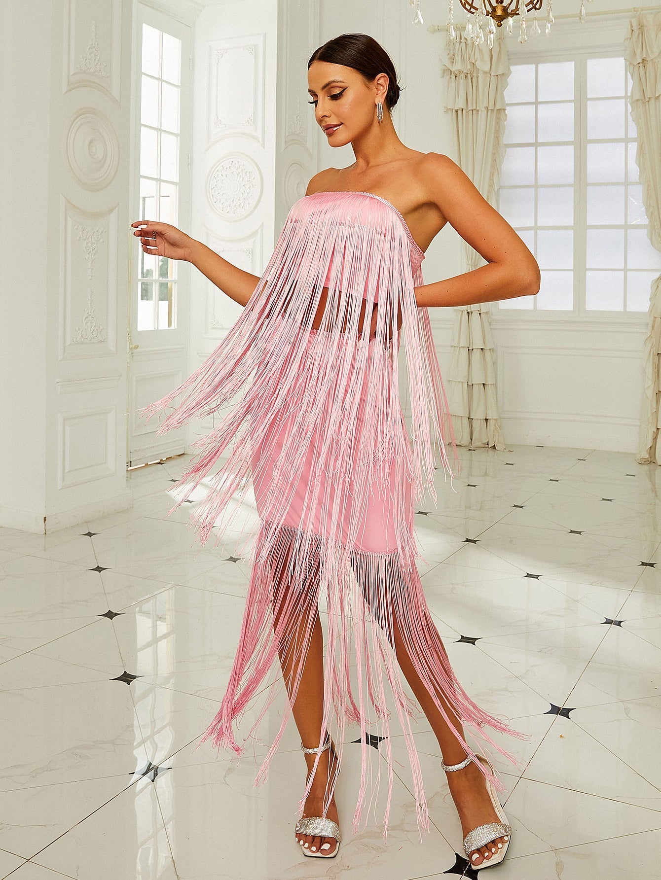 Strapless Tiered Tassel Pink Two Piece Party Dress RJ10619