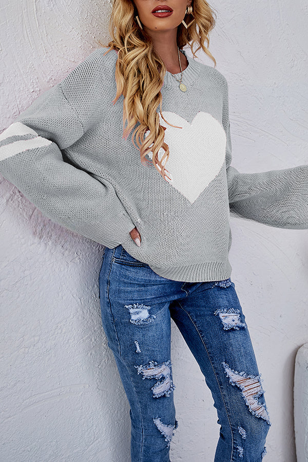 Contrast Color Round Neck Pullover Love Heart Knitted Long Sleeved Sweater