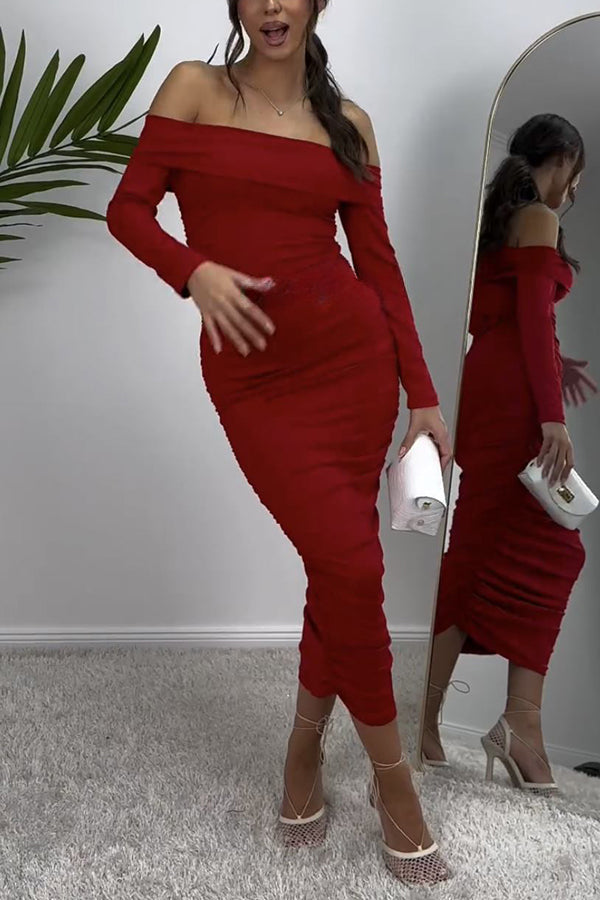 Desirable Beauty Off Shoulder Long Sleeve Ruched Stretch Maxi Dress