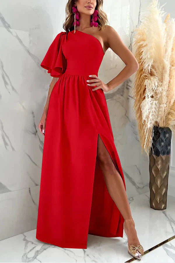 A Point In Time One Shoulder Ruffle Slit Maxi Dress