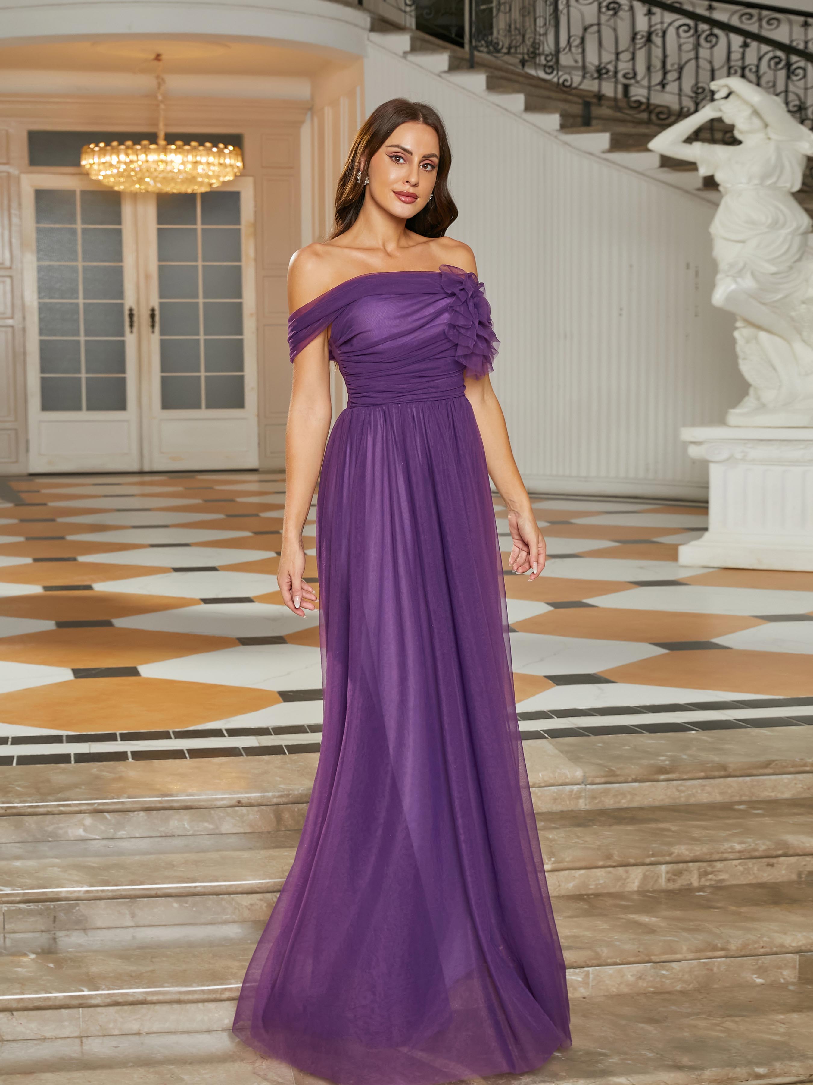 Off Shoulder Pleated A-Line Purple Tulle Bridesmaid Dress RJ10715