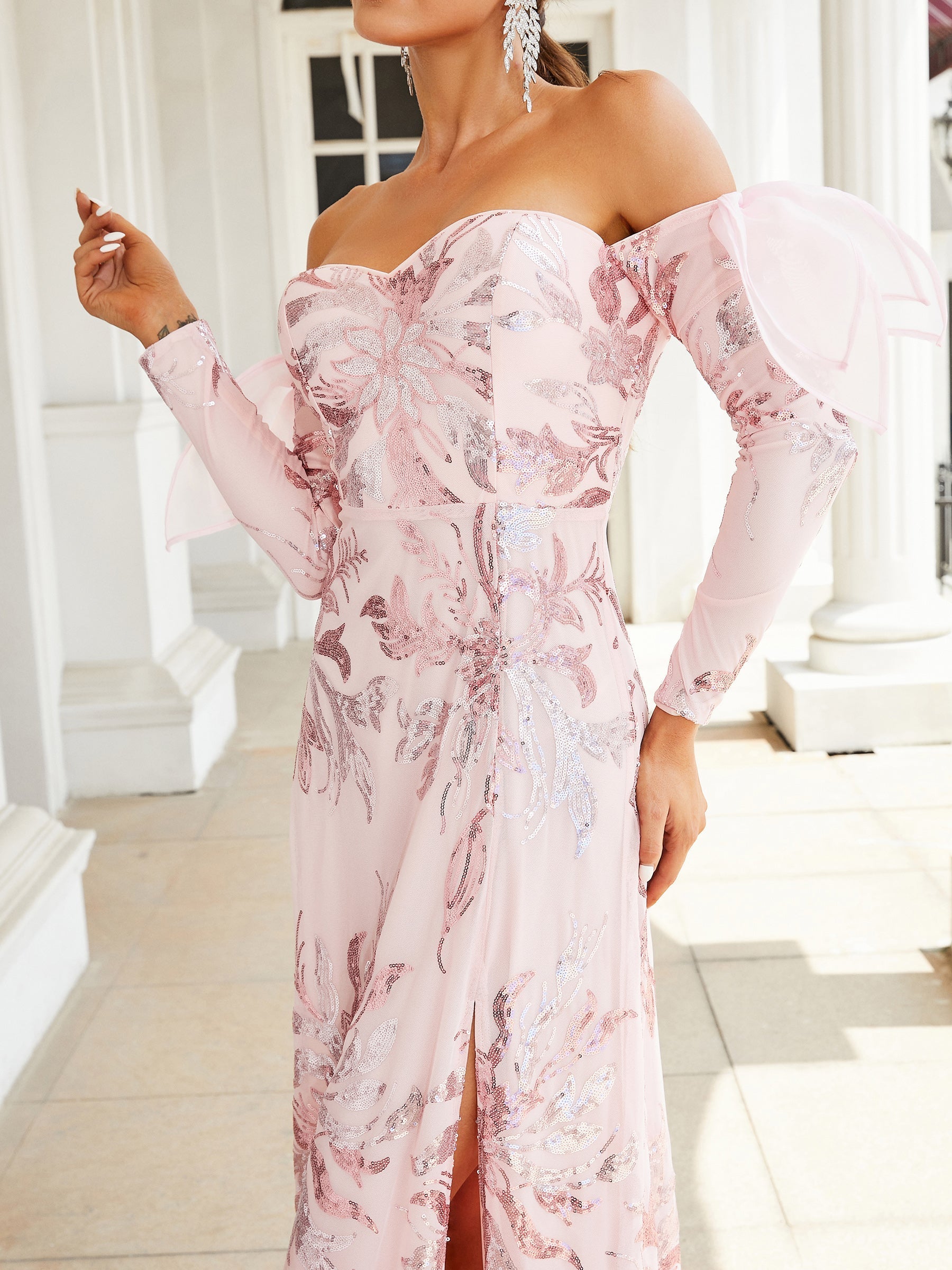 Off Shoulder Sequin Pink Prom Dress XJ2872