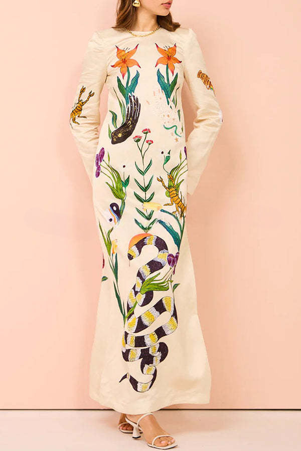 Modern Sophisticated Feel Satin Unique Print Backless Maxi Dress