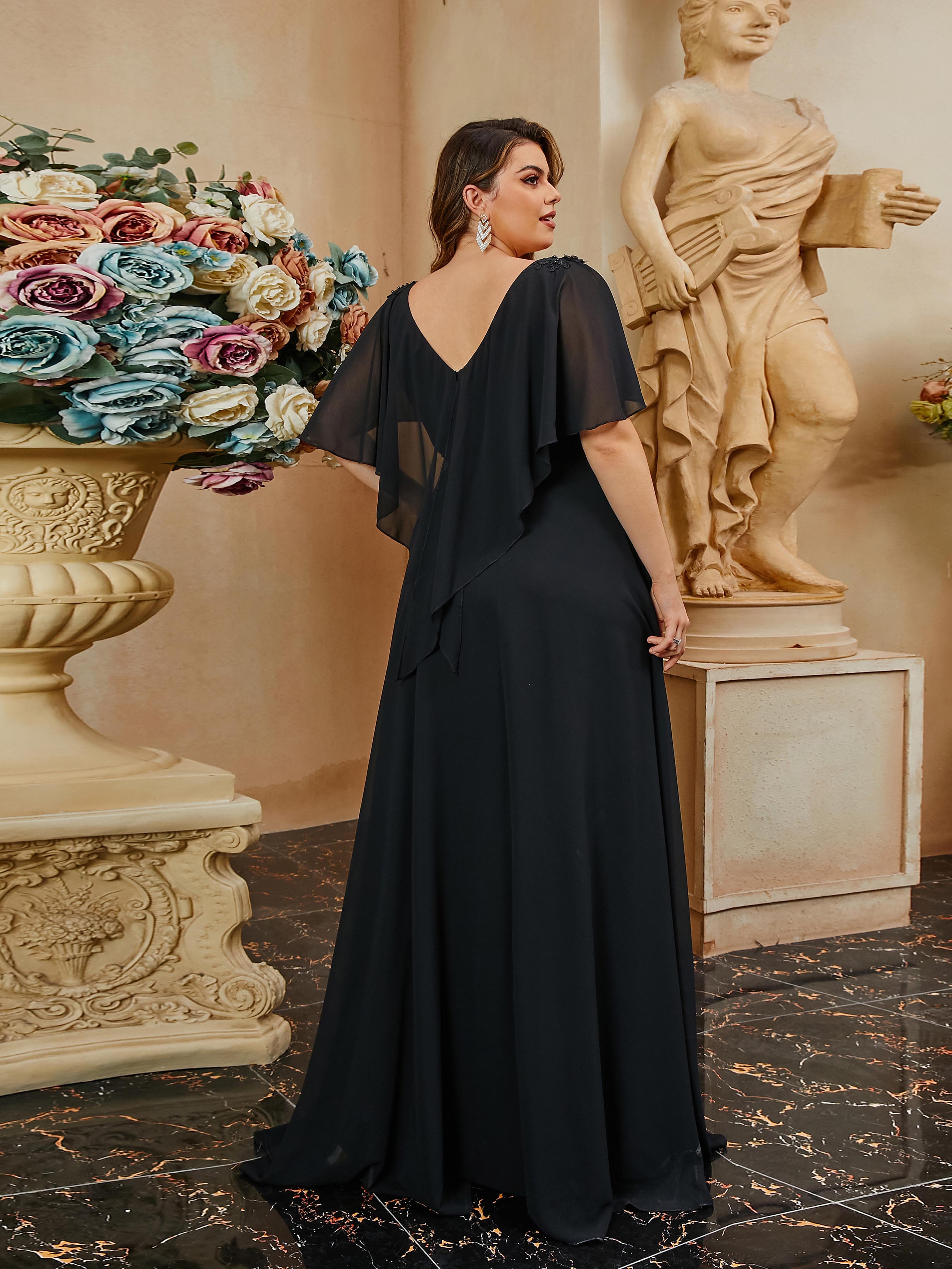 Plus Size V-Neck Chiffon Black Evening Dress PRH30709