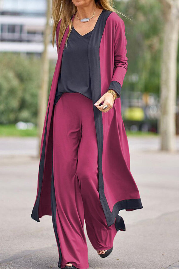 Contrasting Color Sleeveless Vest Long Sleeve Cardigan Jacket Long Pants Three Piece Set