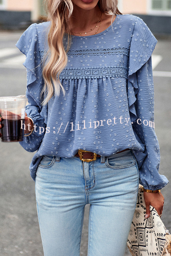 Textured Lace Fabric Ruffle Long Sleeve Blouse