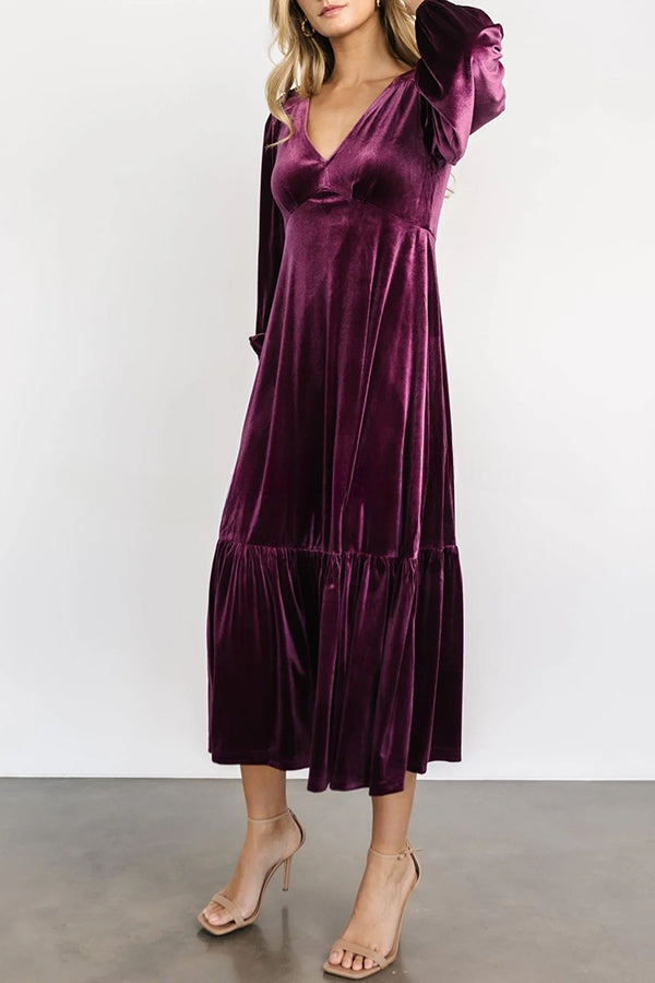 Erika Puff Sleeved Velvet Ruffled Midi Dress