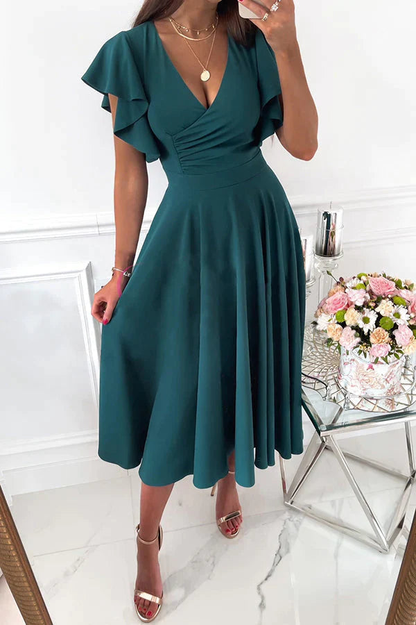 Certainly Chic Ruffle Sleeves Midi Dress