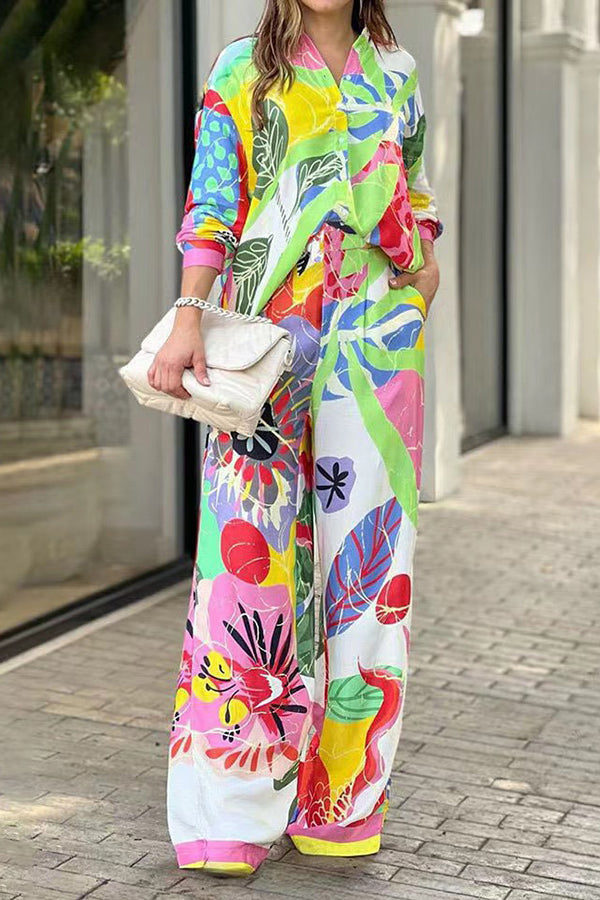 Colorful Tropical Print Button Shirt and Elastic Waist Pocketed Pants Set